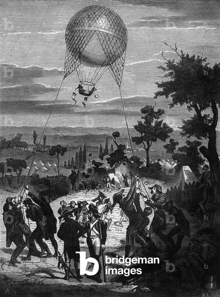 Captive balloons used by the army, early 19th century, France, engraving