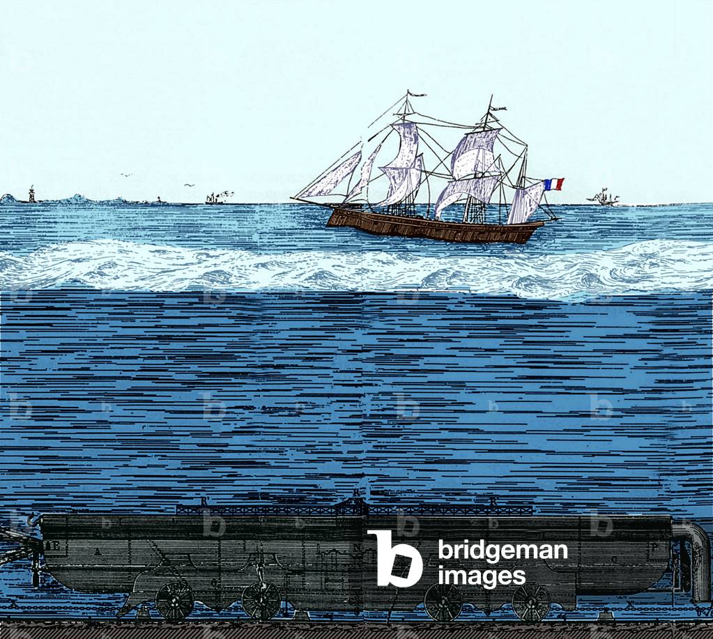 Project for tunnel under the Channel by Lacomme in 1869: submarine train, engraving