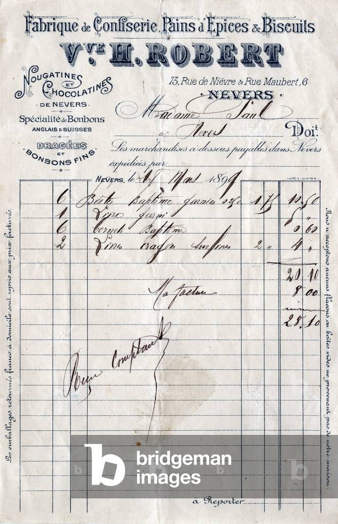 Bill of widow H. Robert company, confectionery in Nevers (France), march 18, 1898