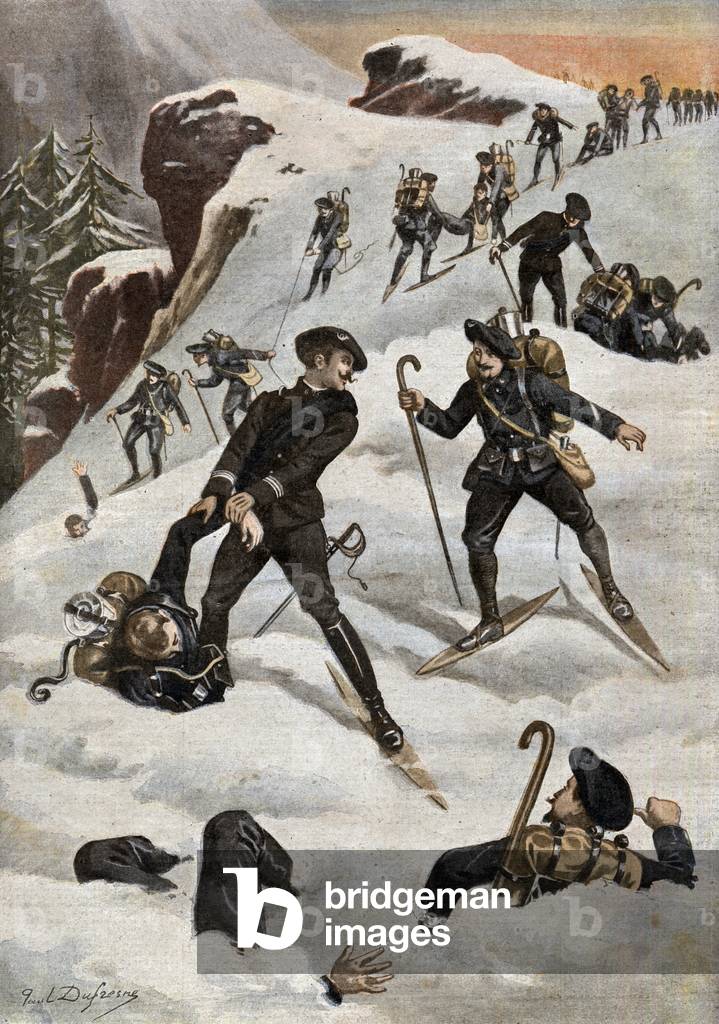 Soldiers trained for mountainous terrain saving militaries buried under snow, illustration from french newspaper 