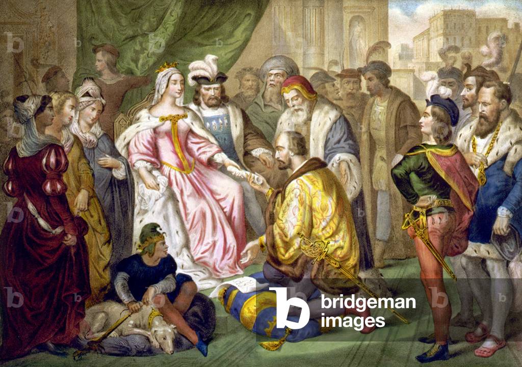 Christopher Columbus meeting King Ferdinand and Queen Isabella 1 of Spain, early 19th century (engraving)