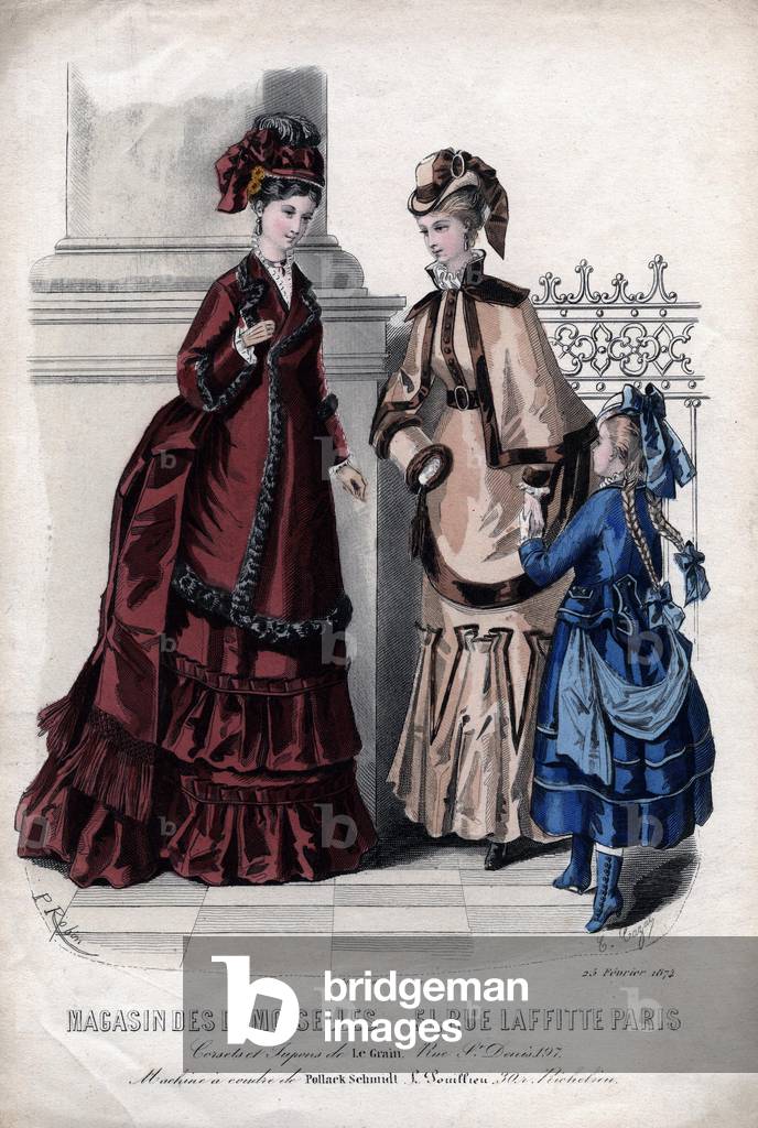 French fashion: dresses, 1874 (engraving)