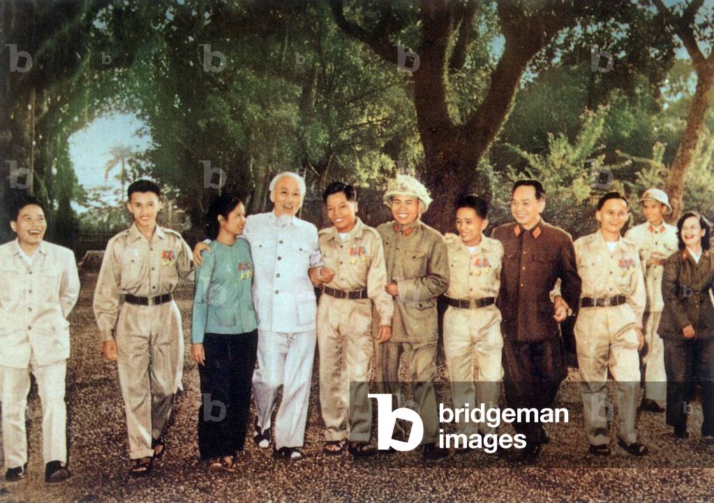 Ho Chi Minh (1890-1969), founder of Indochinese communist party, then from1945 president of democratic republic of Vietnam here with the south Vietnam soldeirs heroes 1965