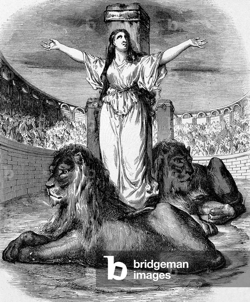 Saint Blandine, young christian slave, martyred in lions ring in Lyons in 177, engraving, (19thcentury)