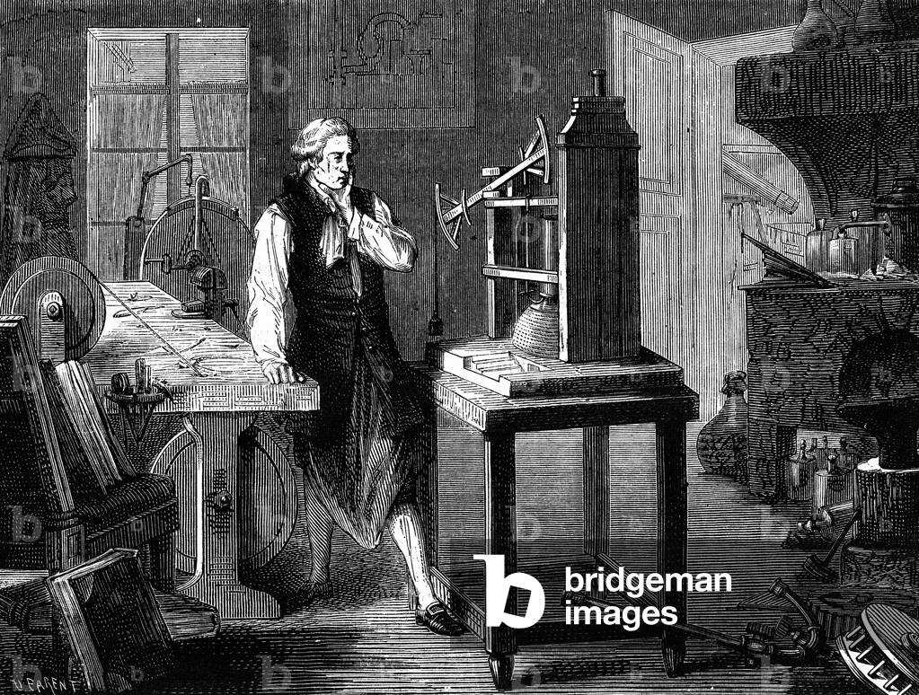 James Watt (1736-1819) and Newcomen steam machine, engraving, 1899
