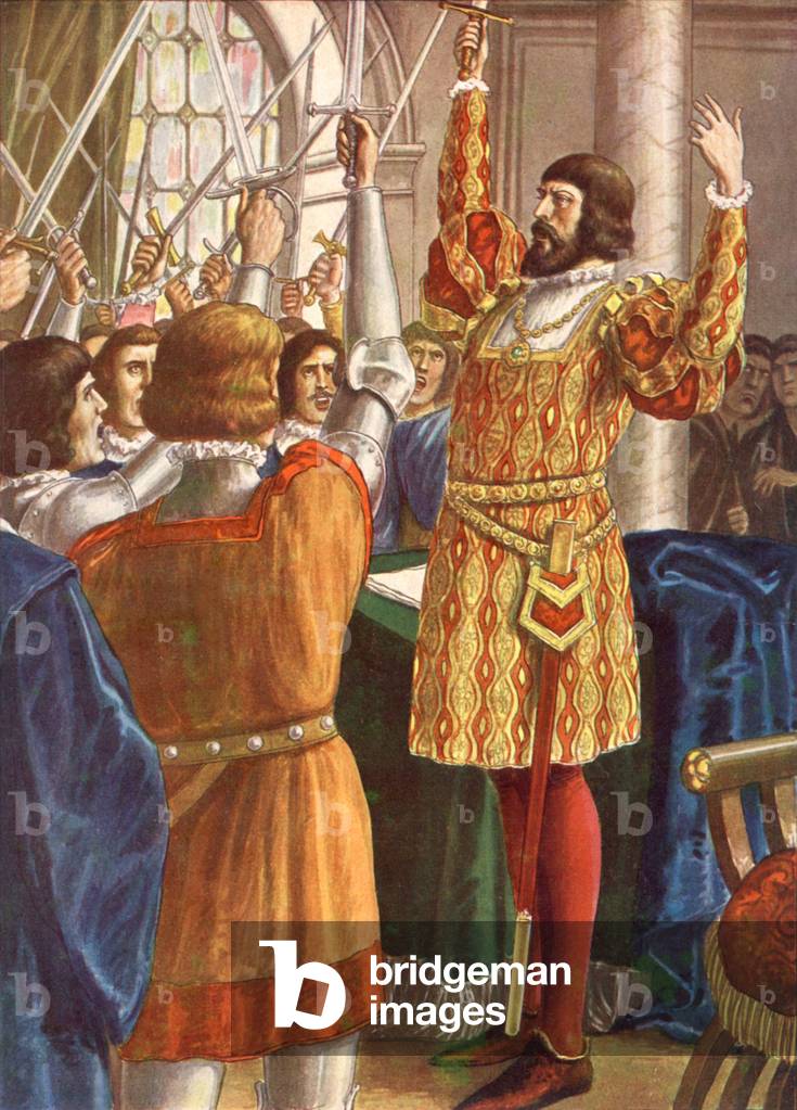 Creation of ambrosian republic in Milan august 14, 1447, illustration, 30's