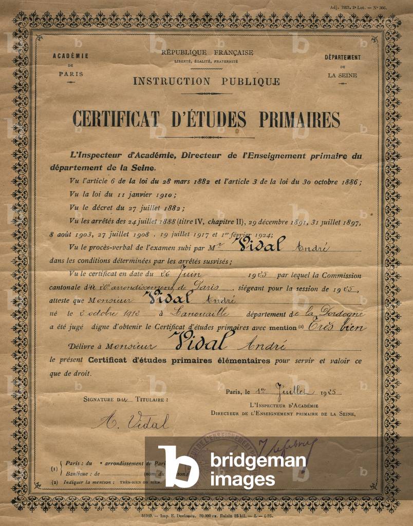 Certificate of elementary studies, from the French Academy of Paris  to Mr Andre Vidal on 1 July 1925