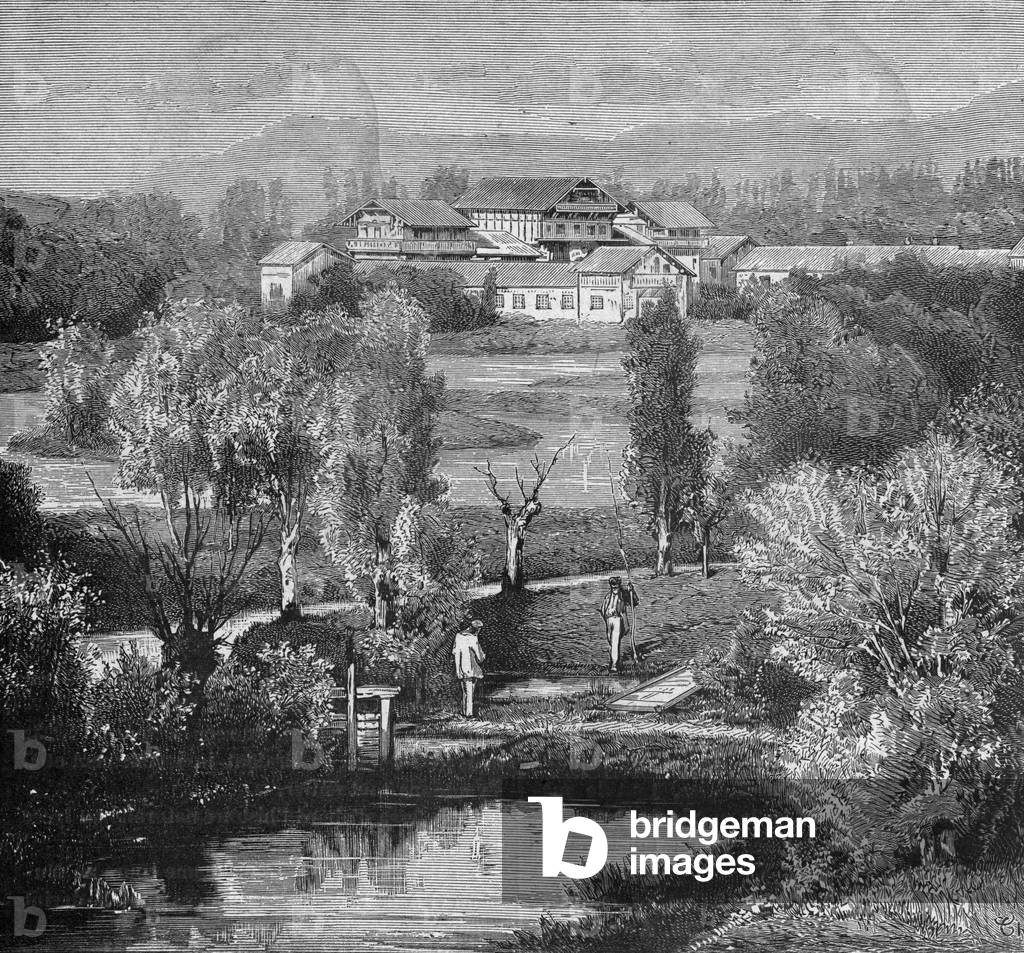 Institute of pisciculture in Huninge, France, c. 1860, engraving