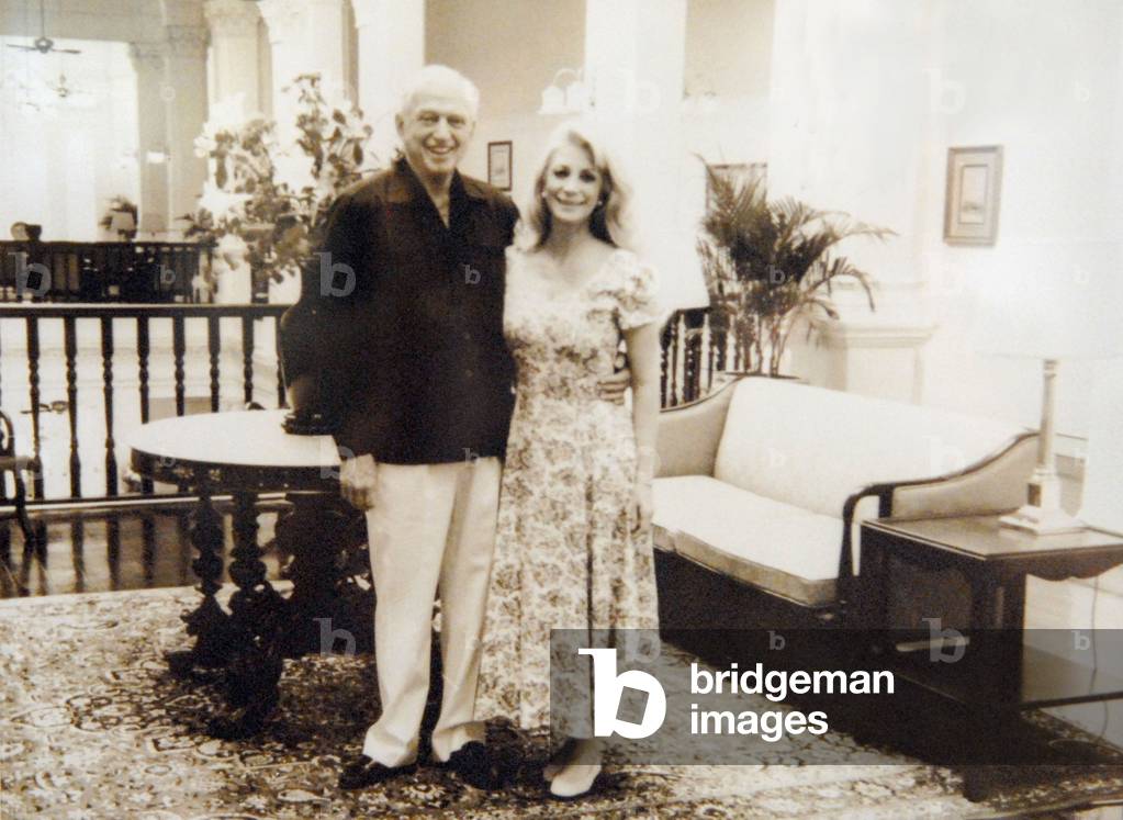 Sidney Sheldon at Raffles Hotel in Singapore, 1983 (b/w photo)