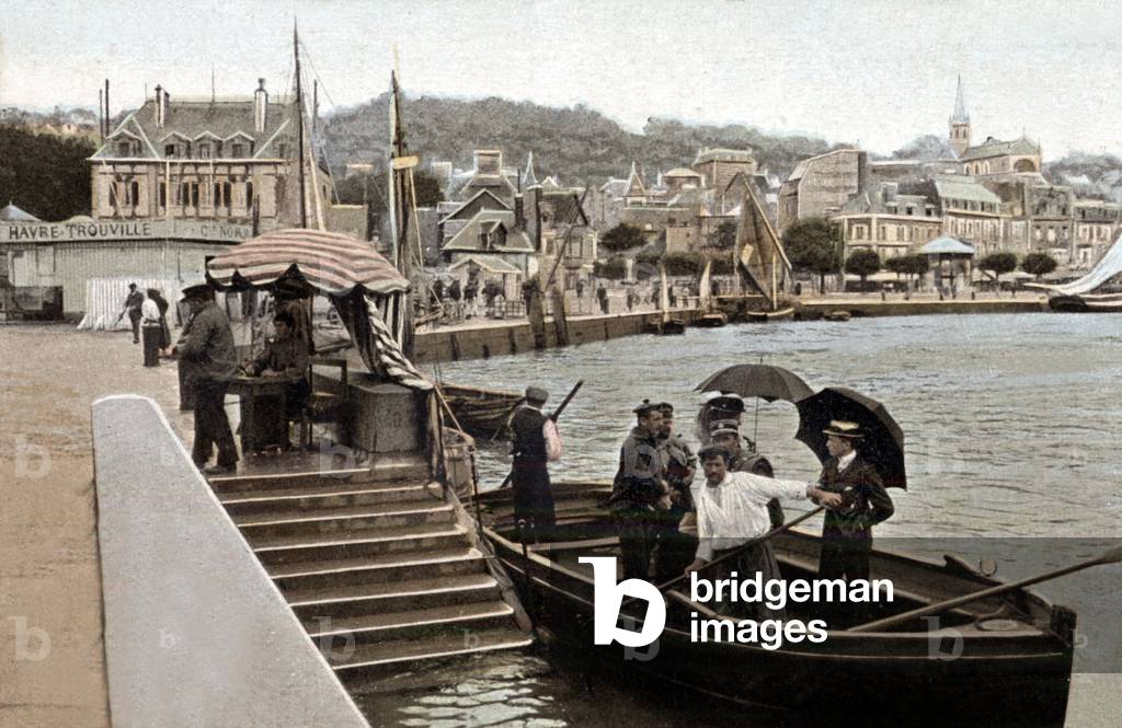 The ferry at high tide in Trouville (Normandie, France), Postcard, c. 1900