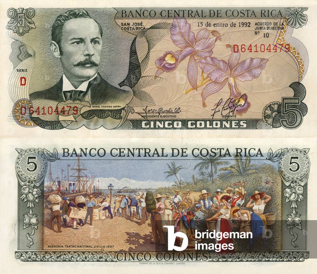 Duplex of a 5 Colones banknote of Costa Rica, 1992