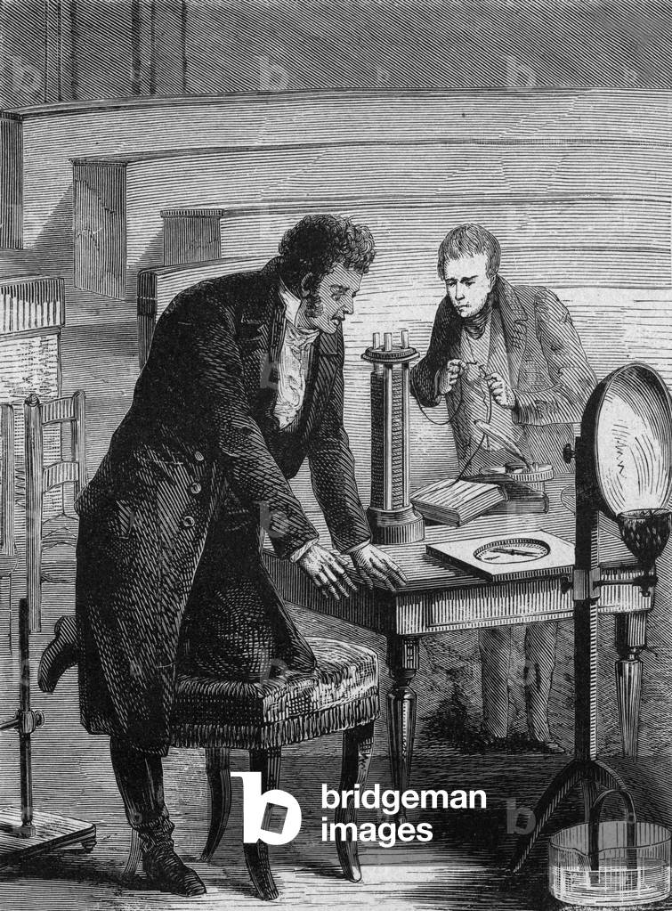 Hans Christian Oersted (1777-1851) discovering deviation of magnetized hand by electricity, c. 1820, engraving