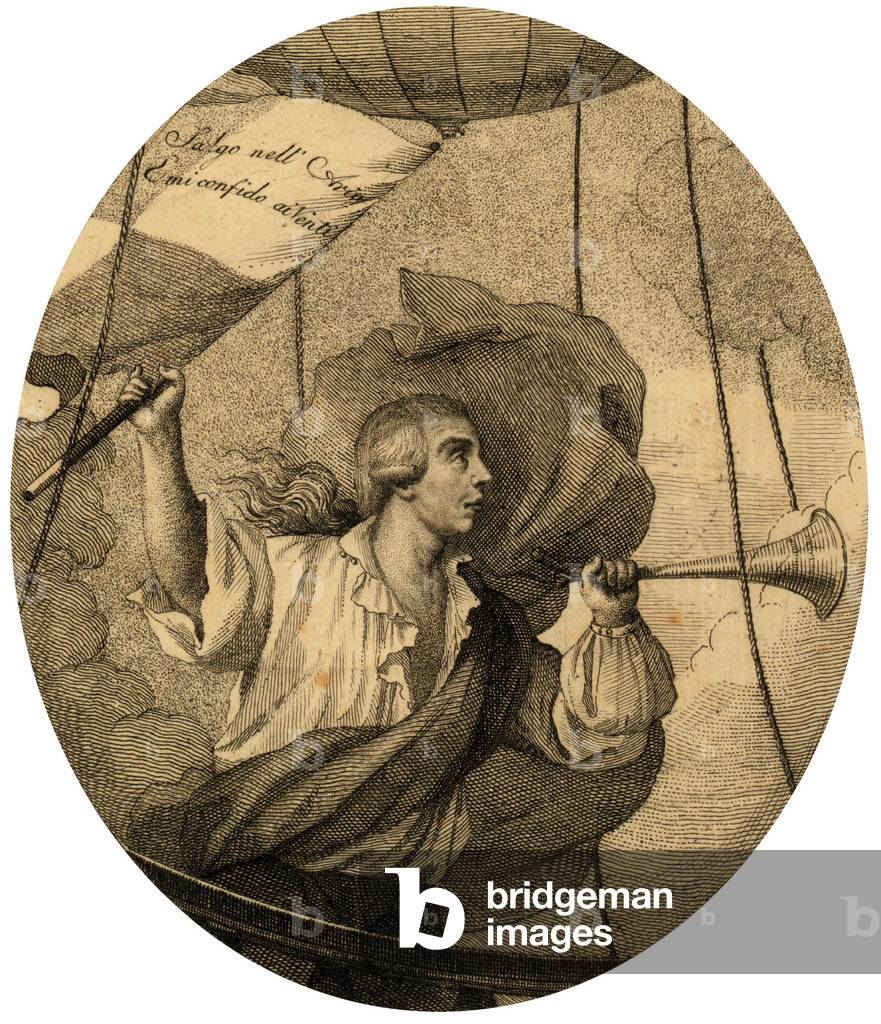 Italian aeronaut Giovanni Luder in a balloon over Florence, july 16, 1795, engraving by Carlo Lasinio