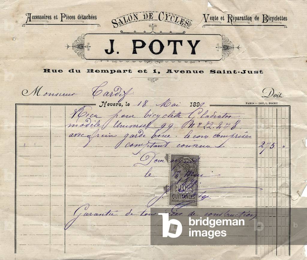 Bill of Poty, bikes shop, in nevers, may 18, 1899