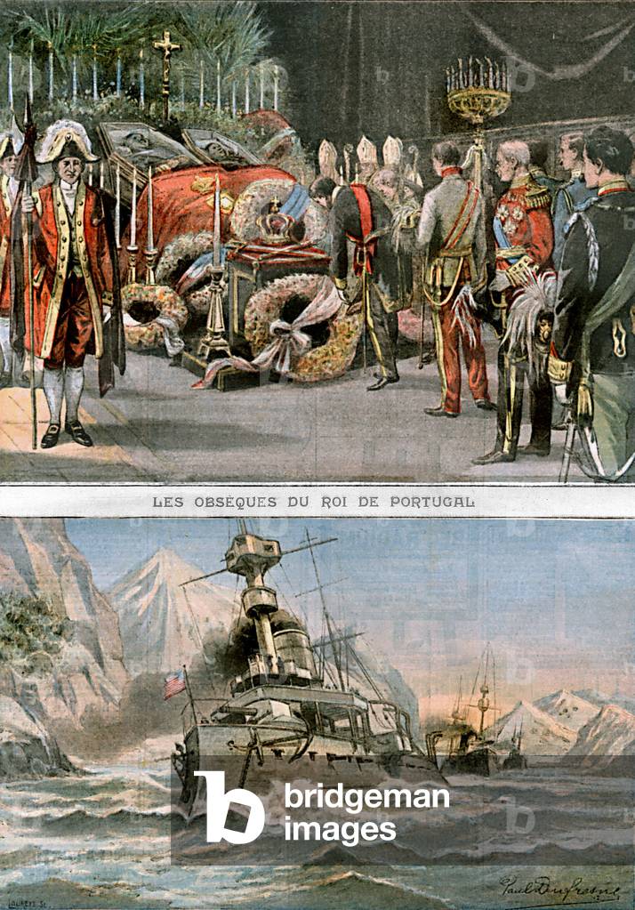 Top: Funeral of king Charles 1st of Portugal (1863-1908) and his son Louis-Philippe killed in 1908 by republicans ; bottom: american fleet in the Strait of Magellan, illustrations from french newspaper 