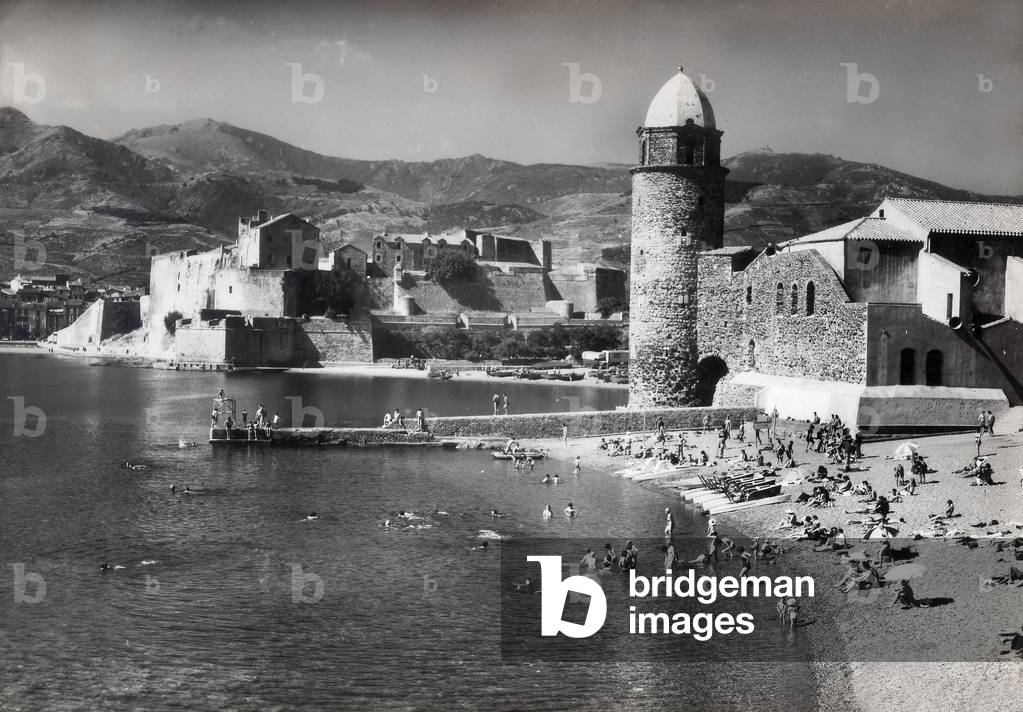 Collioure, France: St Vincent beach and the bell tower, Postcard, 1953