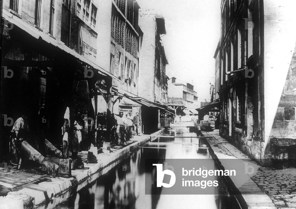 Workshops of the tanners on the banks of Bievre in Paris, in the district of the Gobelins in 1891