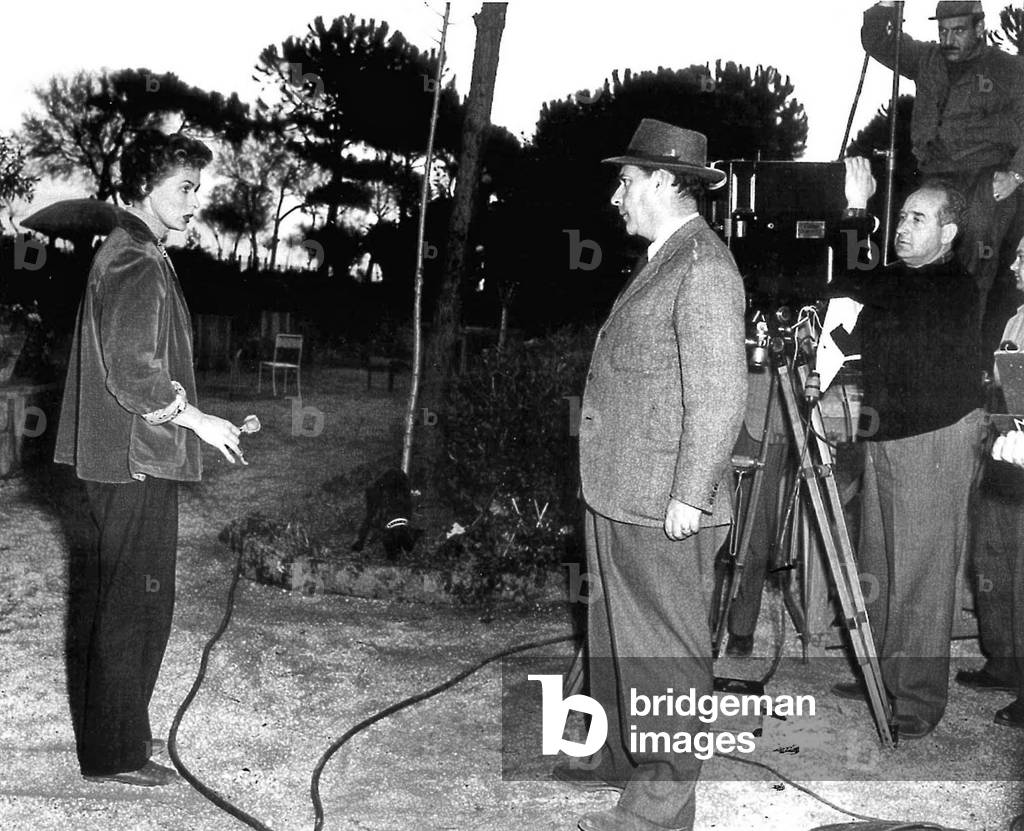 Ingrid Bergman and Roberto Rossellini on set of a film 50's (b/w photo)