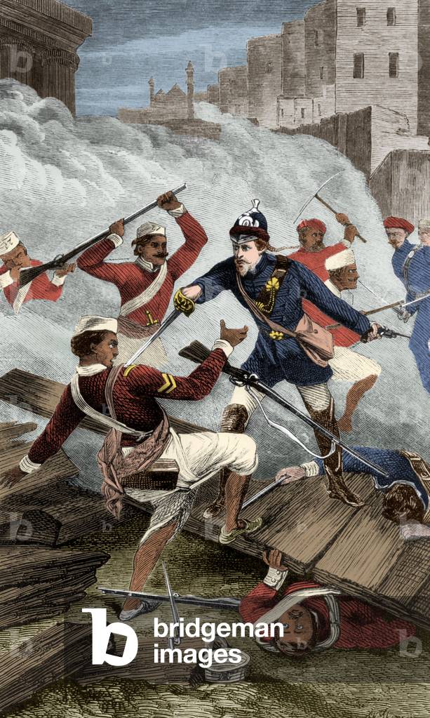 lieutenant William Alexander Kerr (1832-1919) earning the Victoria Cross, at time of the mutinery, Cipayes revolt considered as the first movement for independance, is a period of rebellion in centre and north of India against english domination in 1857-1858, engraving colourized document