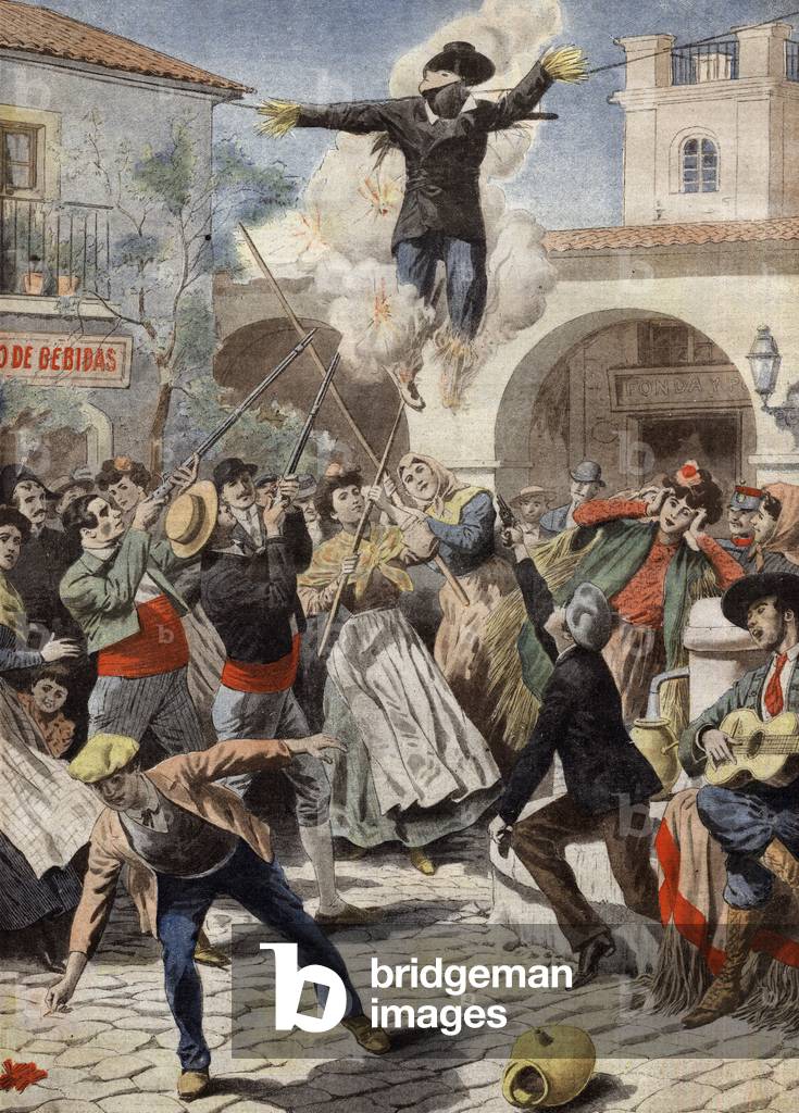Holy saturday in Spain: a wicker or straw model (Judas) is carried in streets, sworn and burnt , illustration from french newspaper 