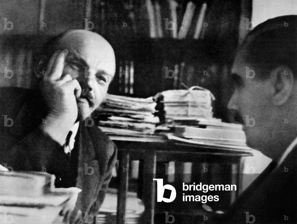 Lenin with HG Wells in his office in Kremlin,  1920 (b/w photo)