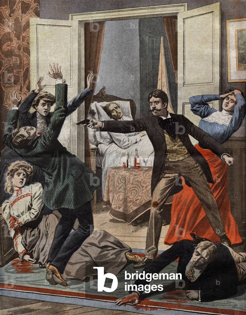 During death throes of Henri Alonzo Huntington, his children are arguing, a brother is killed by his brother, in Versailles, France, illustration from 