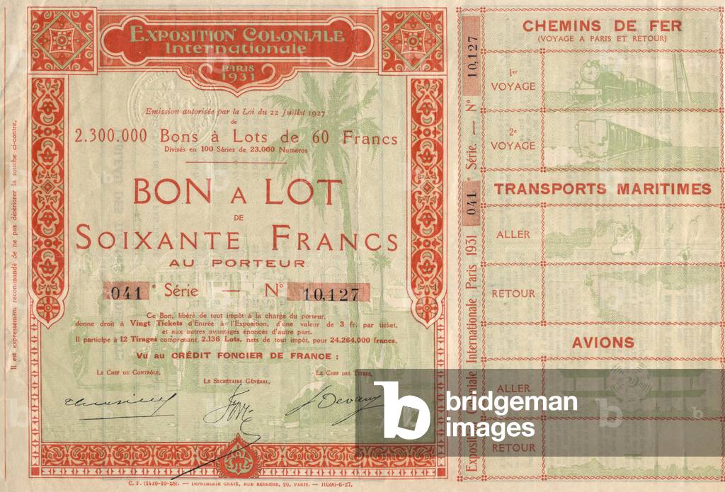 Bearer check (60 Francs), french colonial exhibition, Paris, 1931
