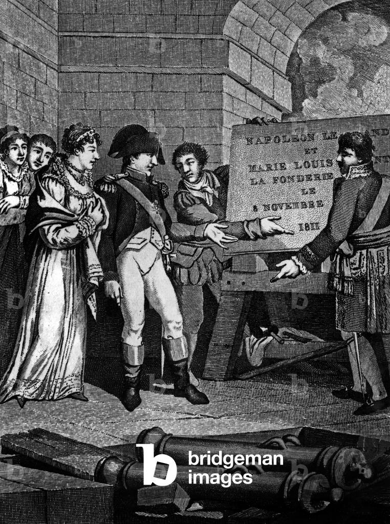 French emperor Napoleon 1st and his wife empress Marie-Louise visiting the foundry of big guns in Liege, Belgium, november 8, 1811, engraving by David after Monnet