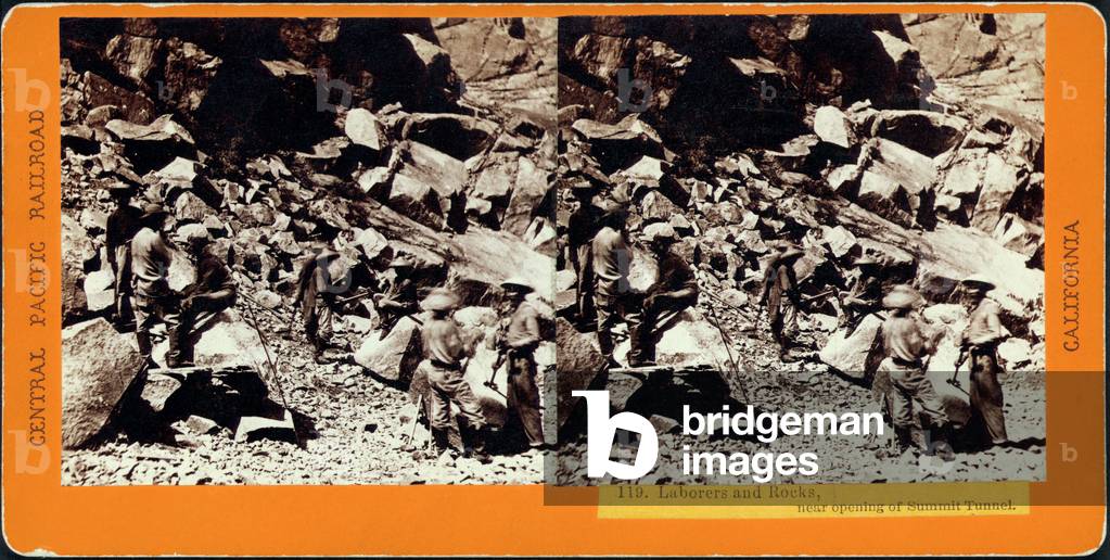 First Transcontinental Railroad: works of the Central Pacific Railroad, California, c. 1865-1869, Chinese railroad workers, photo by Alfred A Hart