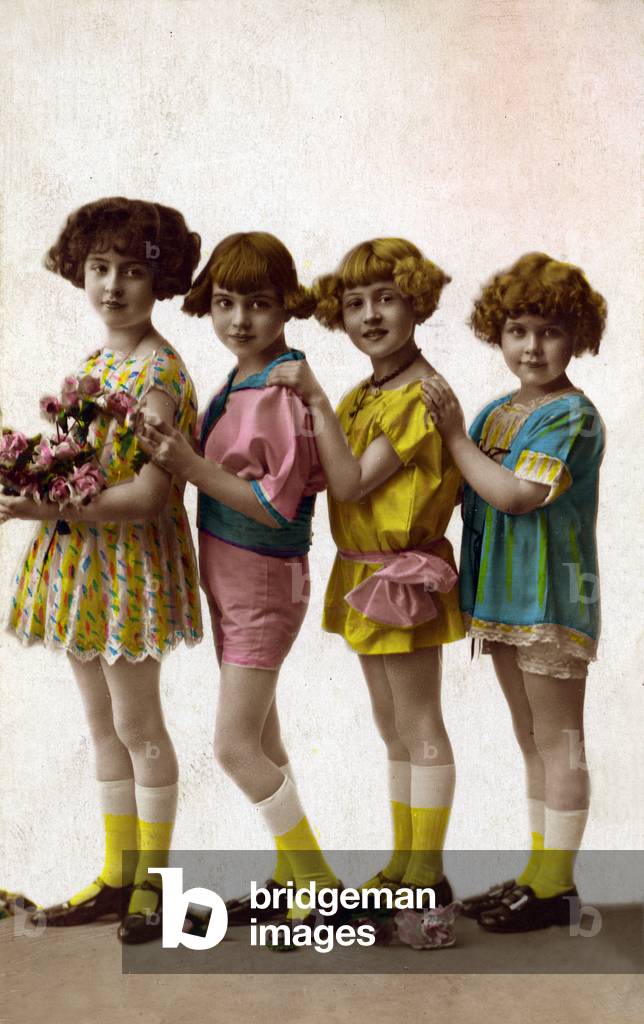4 young girls, postcard, 20's