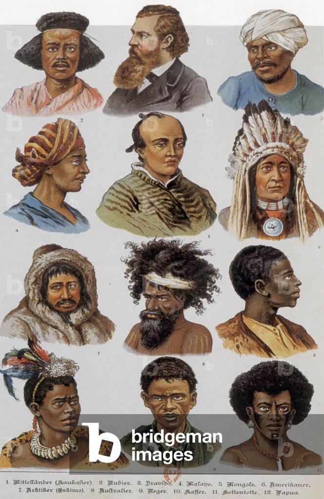 Diverse backgrounds that man has colonises explaining the physical differences on human races with stereotypes for various races BN France