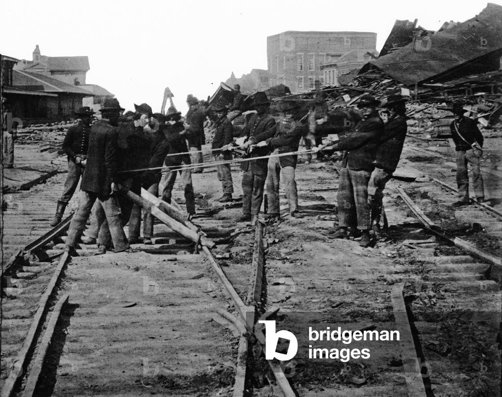 American Civil War (1861-1865): in Atlanta, Georgia. Sherman's men tearing up railroad track, september 1864, photo by George N. Barnard