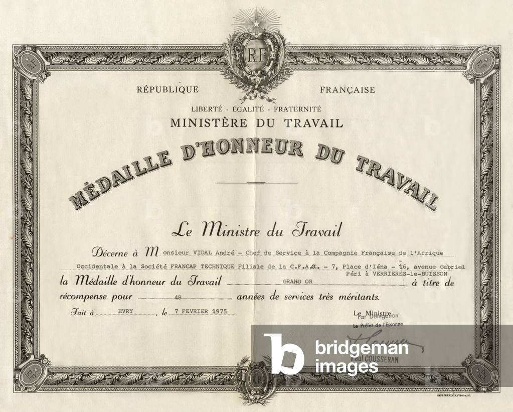 Medal of Honour of the Grand Gold Labor awarded to Mr Andre Vidal by the Ministry of Labour for 48 years of service on 7 February 1975