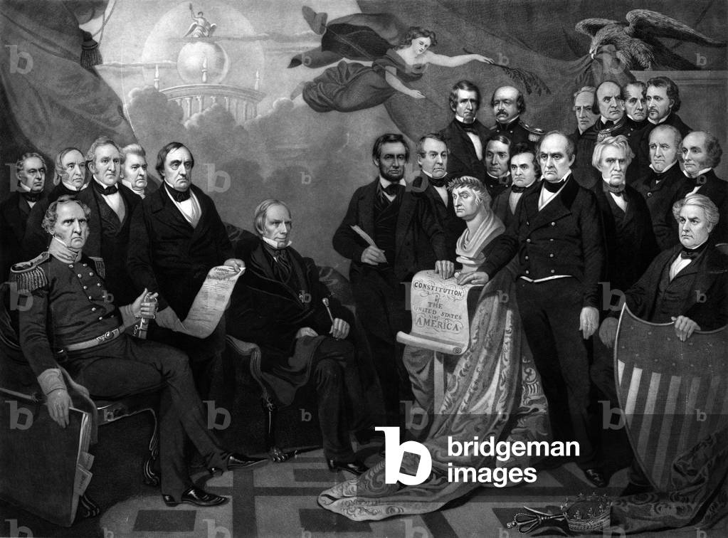 Union. Print showing original image from 1852 with Henry Clay, sitting to the left of center, John Calhoun, and Daniel Webster standing at center, except that the plate has been reworked so that Abraham Lincoln (with beard) appears in place of John Calhoun. Among those shown are Winfield Scott, Lewis Cass, Henry Clay, John Calhoun, Daniel Webster, Millard Fillmore, Howell Cobb of Georgia, James McDowell, Thomas Hart Benton of Missouri, John M. Clayton of Delaware, Thomas Corwin, James Buchanan, Stephen A. Douglas, John J. Crittenden, Sam Houston of Texas, Henry Foote of Mississippi, Willie P. Mangum of North Carolina and W. R. King of Alabama, Daniel S. Dickinson of New York, John McLean of Ohio, and John Bell of Tennessee and John C. Fremont of California. Date c 1860, from an 1852 print.