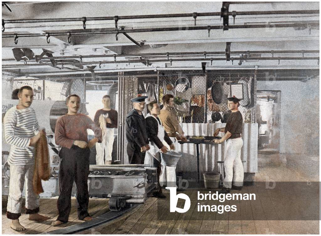The kitchen of officers on board of a navy ship, illustration from a military album, 1915