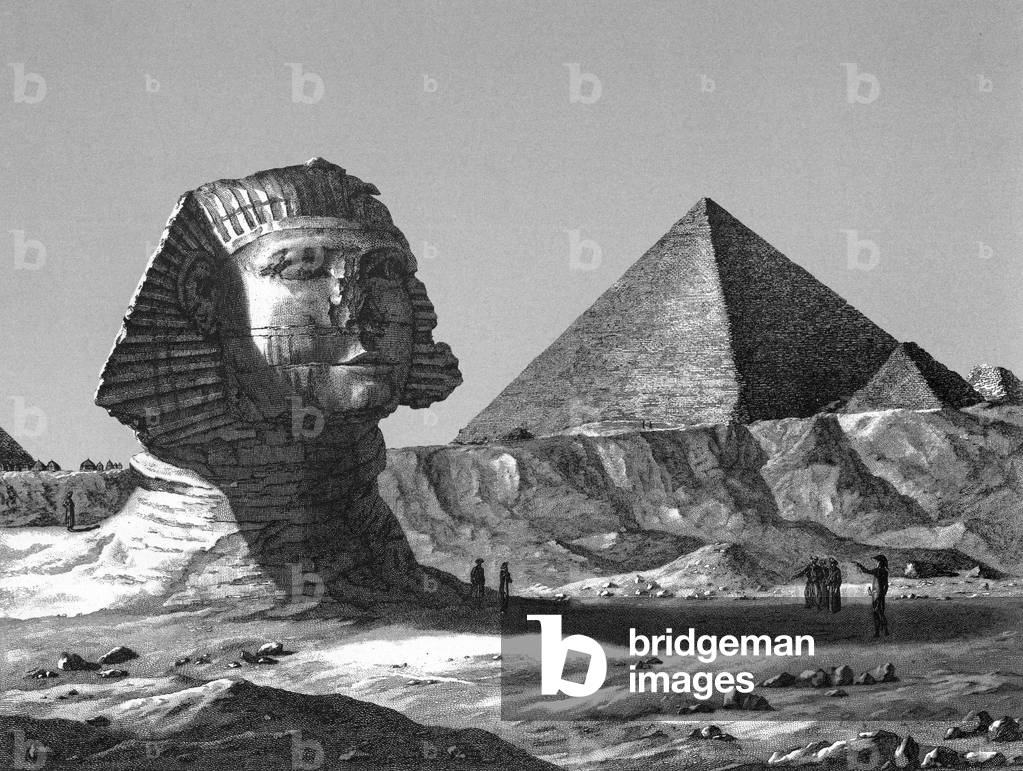 The Sphinx and the pyramid of Khufu (Cheops) in Giza, Egypt, engraving by Baltard