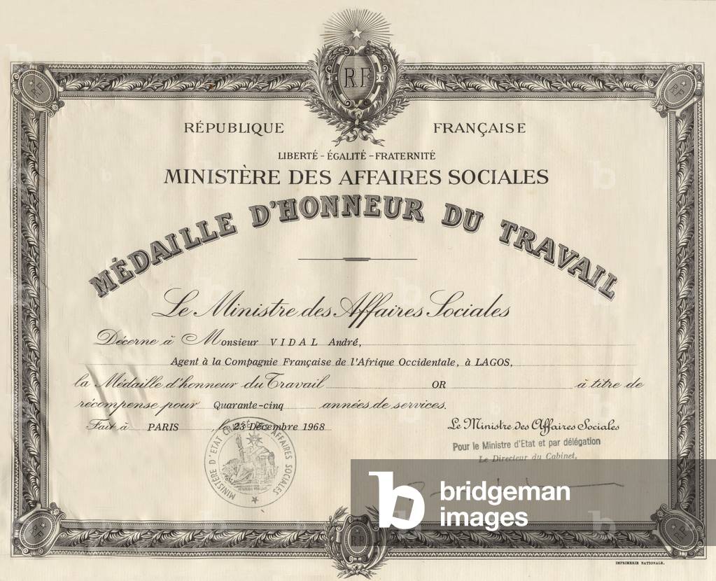 Medal of Honour for the work of Mr Andre Vidal by the Ministry of Social Affairs on 23 December 1968