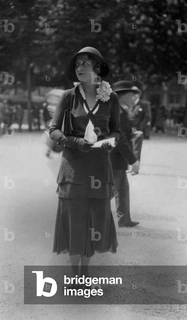 Woman at the Polo of Paris, dress and hat by Jean Patou, May 14, 1931 (b/w photo)