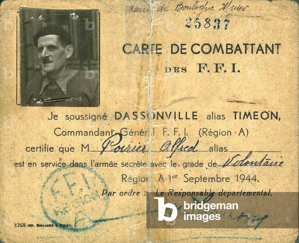 FFI card of Alfred Poirier, 1944 (b/w photo)