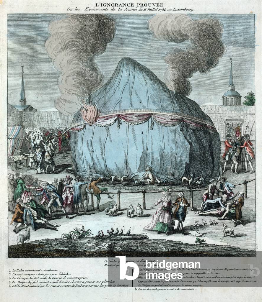 July 11, 1784 : the hot air balloon of father Miollans which crashed in Luxembourg garden, Paris, engraving