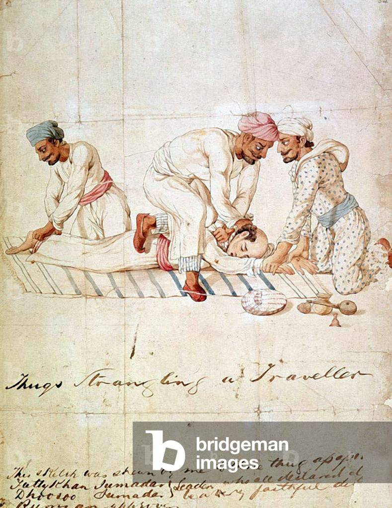 Thugs in the act of strangling a traveller, 1838 (drawing)