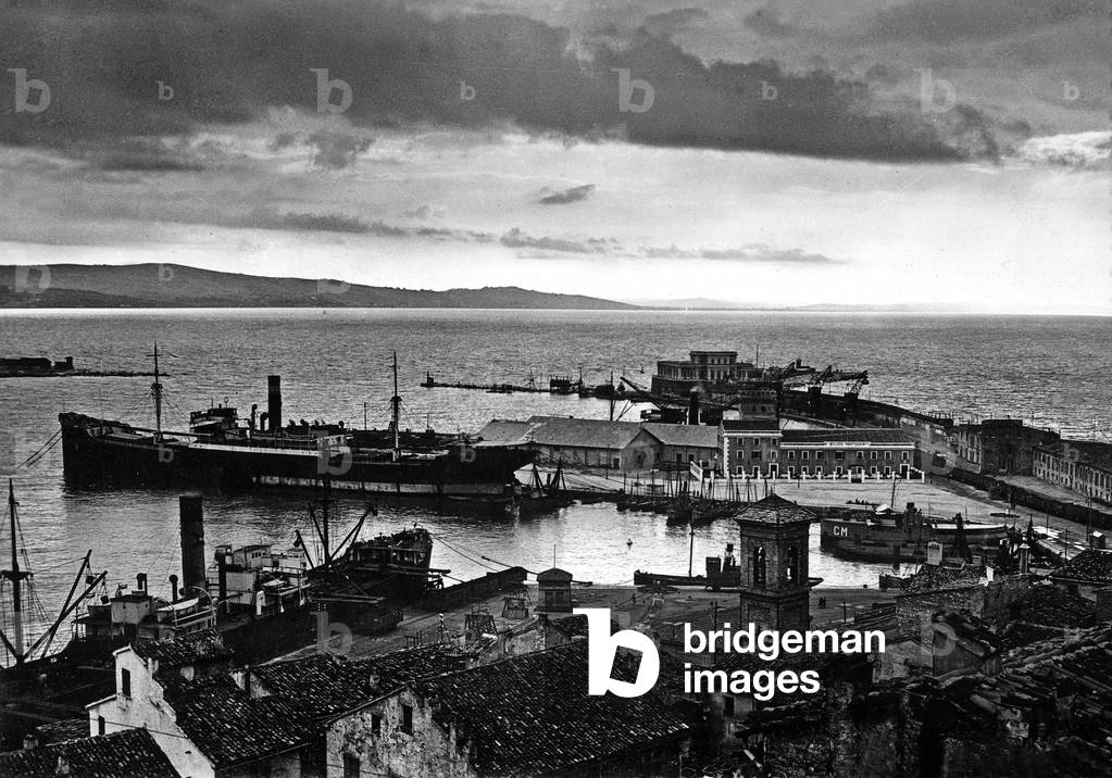 View of Ancona harbour in Italy, Postcard, 1946