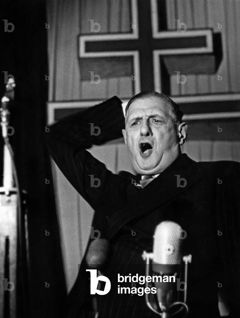French general Charles de Gaulle during a speech at meeting of RFP (Rally of the French People) december 4, 1954