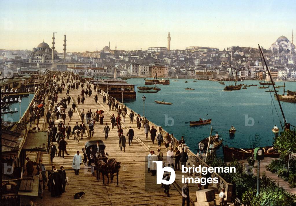 Constantinople (Istanbul), Turkey, c. 1900: Galata bridge