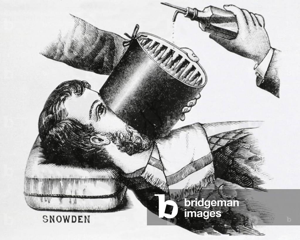 Ether inhaler for medical anesthesia, 1896 (engraving)