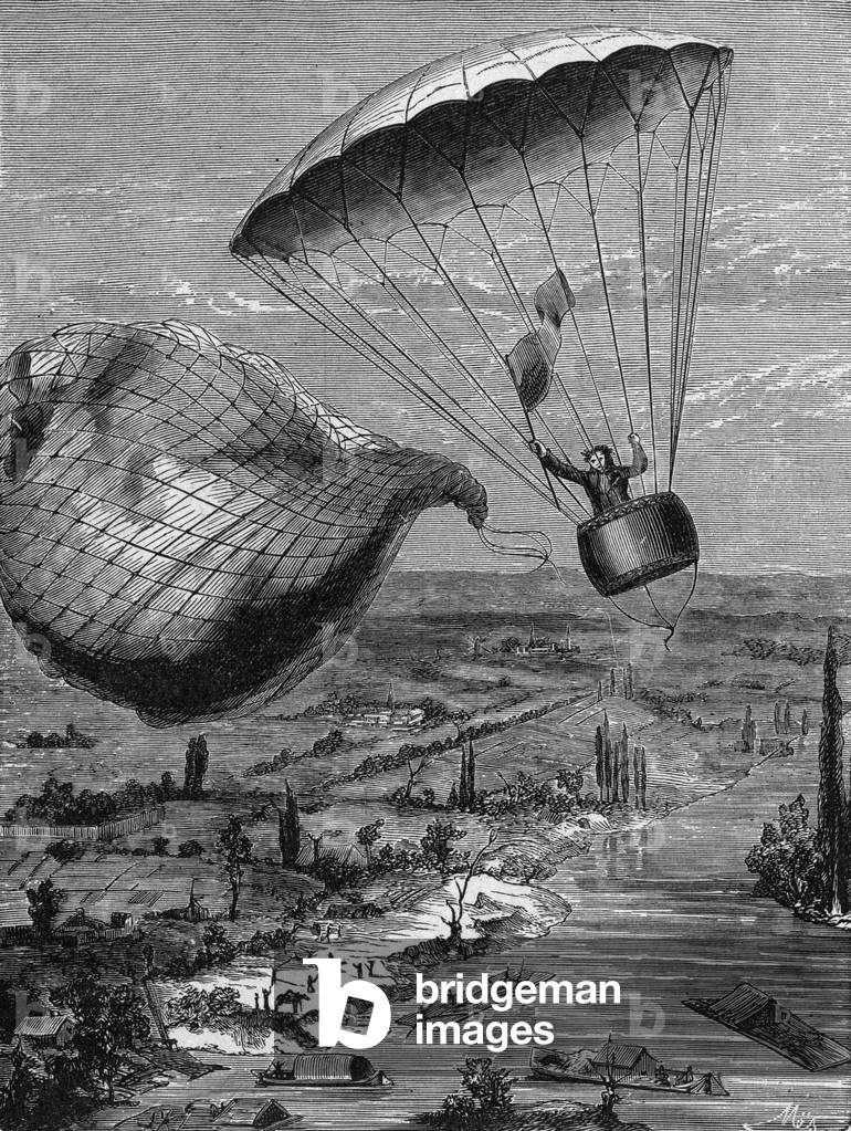 Jacques Garnerin (1769-1823) and his parachute on october 22, 1797, engraving
