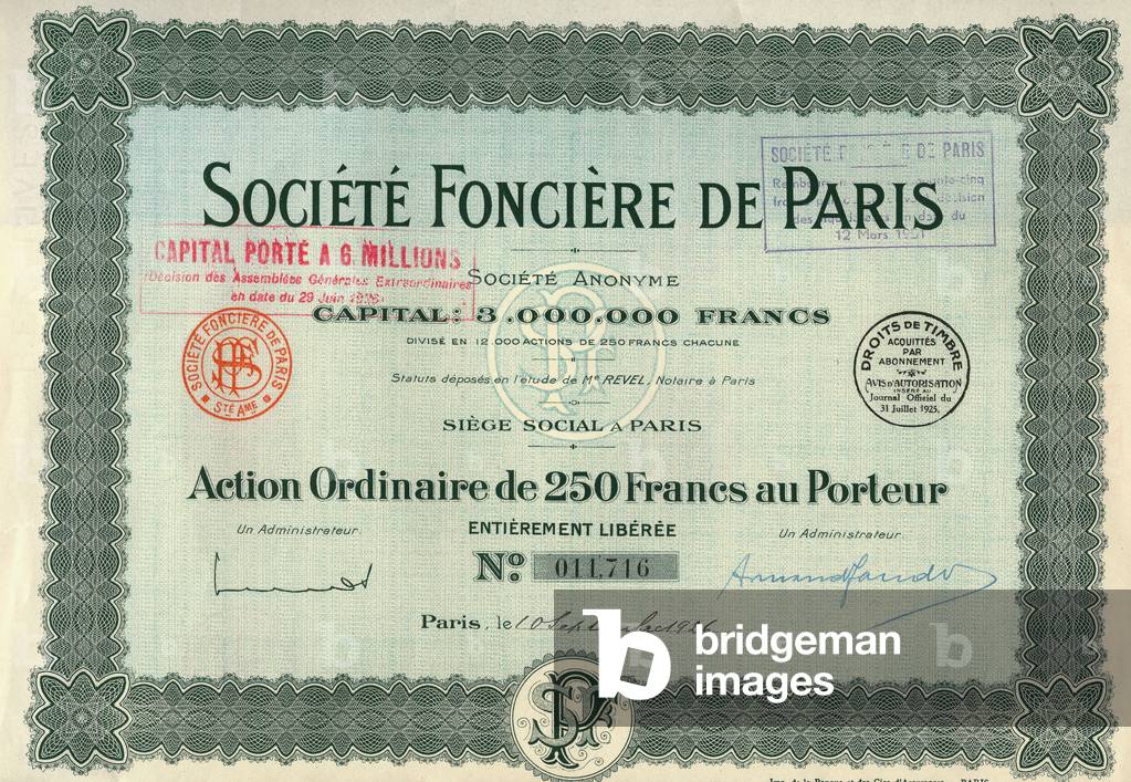 french property Company security share, (value 100 francs) 1926, (print)