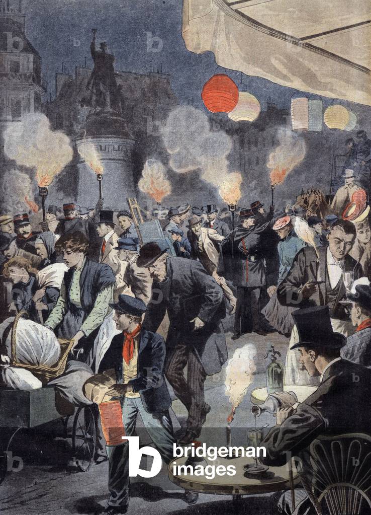 On Clichy square in Paris the night of strike of electricians, illustration from french newspaper 