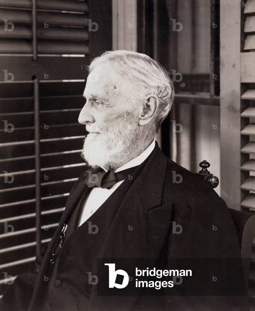Jefferson Finis Davis (1808-1889) during portrait session at Davis' home Beauvoir, near Biloxi, Mississippi, photo by Edward L. Wilson c. 1885