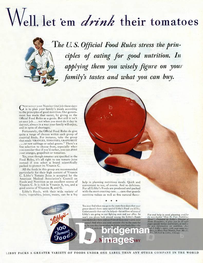 American advertisement for encouraging people to eat tomatoe essentially Libby's, from american magazine McCall's, 1943